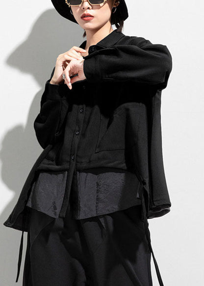 Black Black Button Asymmetrical Design Fall Long Sleeve Coat
