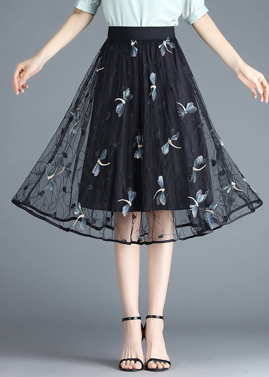 Black Butterfly Embroideried Elastic Waist Tulle Skirt Summer