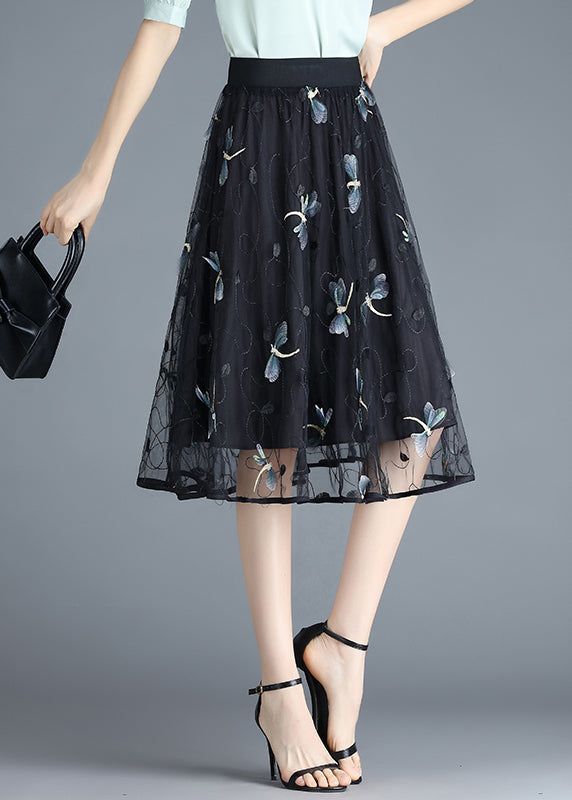 Black Butterfly Embroideried Elastic Waist Tulle Skirt Summer