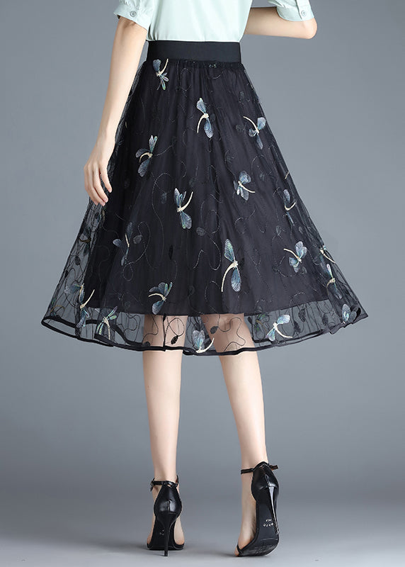 Black Butterfly Embroideried Elastic Waist Tulle Skirt Summer
