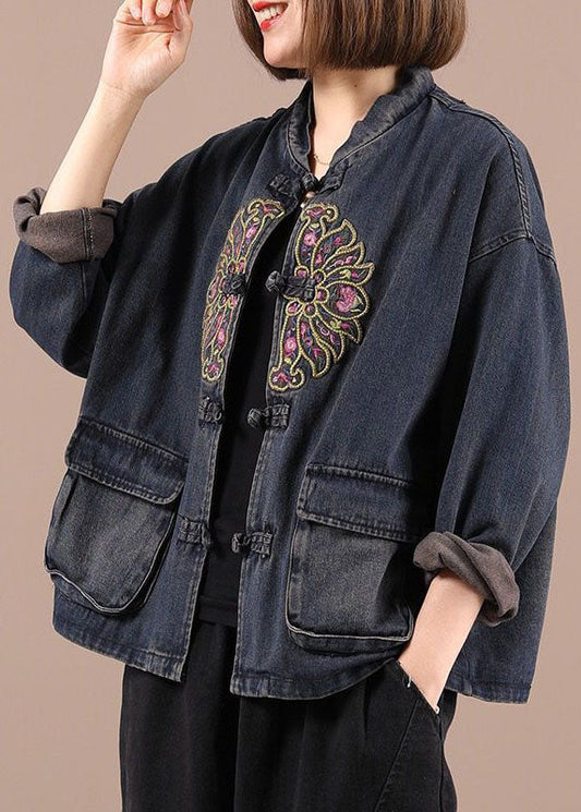 Black Button Embroideried Pockets Fall Denim Jackets