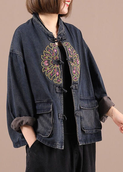 Black Button Embroideried Pockets Fall Denim Jackets