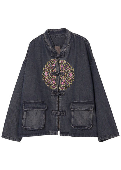 Black Button Embroideried Pockets Fall Denim Jackets