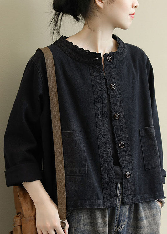 Black Button Embroideried Fall Denim Coat