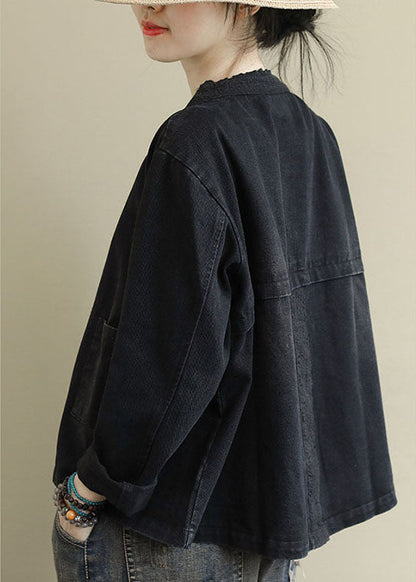 Black Button Embroideried Fall Denim Coat