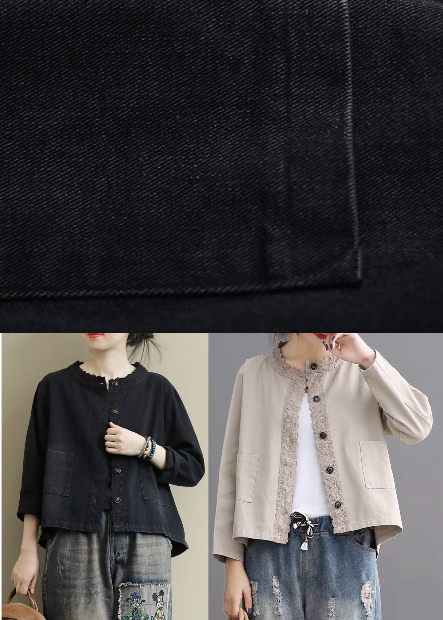 Black Button Embroideried Fall Denim Coat