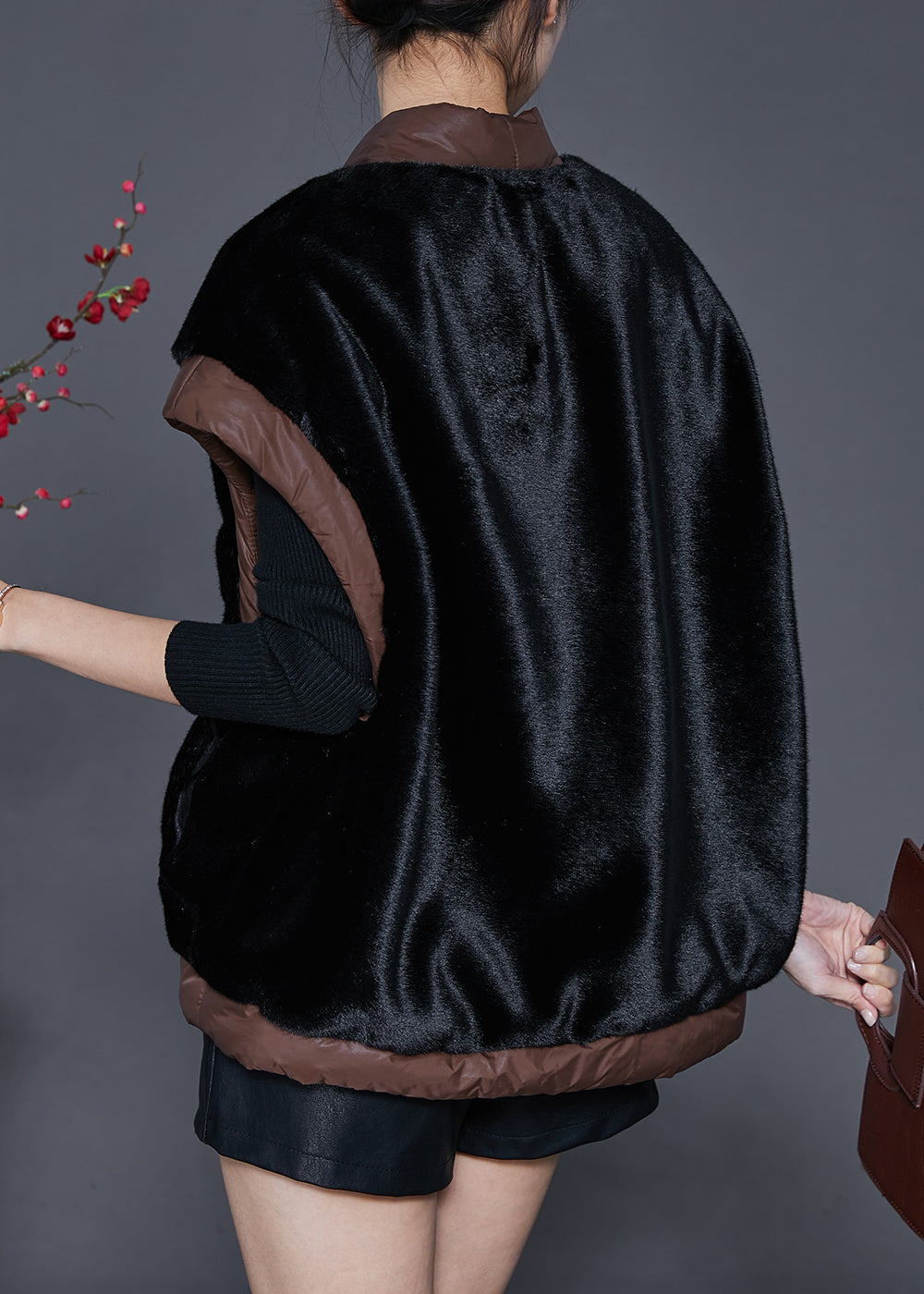 Black Chinese Button Patchwork Mink Velvet Vests Spring