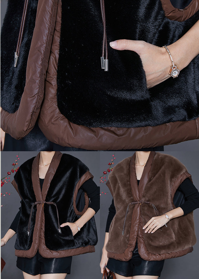 Black Chinese Button Patchwork Mink Velvet Vests Spring