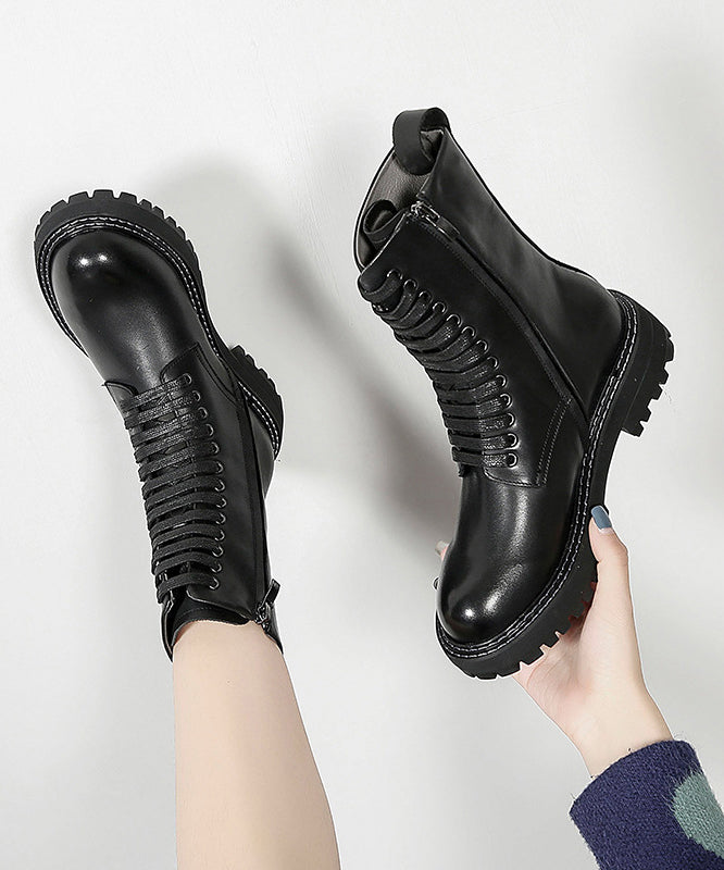 Black Chunky Cowhide Leather Cross Strap Boots