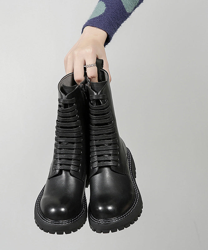 Black Chunky Cowhide Leather Cross Strap Boots