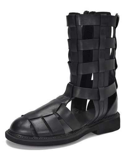 Black Chunky Cowhide Leather Hollow Out Boots