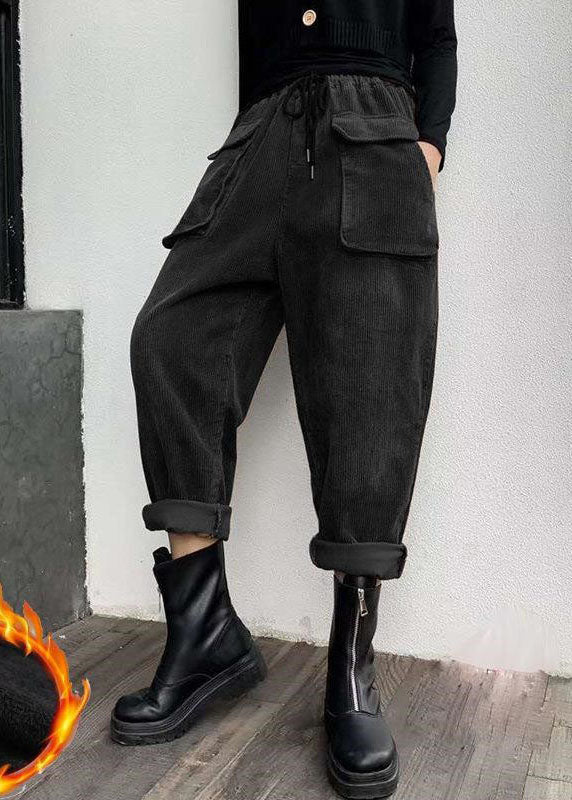 Black Cinched Pockets Corduroy Pants Winter