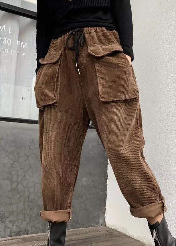 Black Cinched Pockets Corduroy Pants Winter