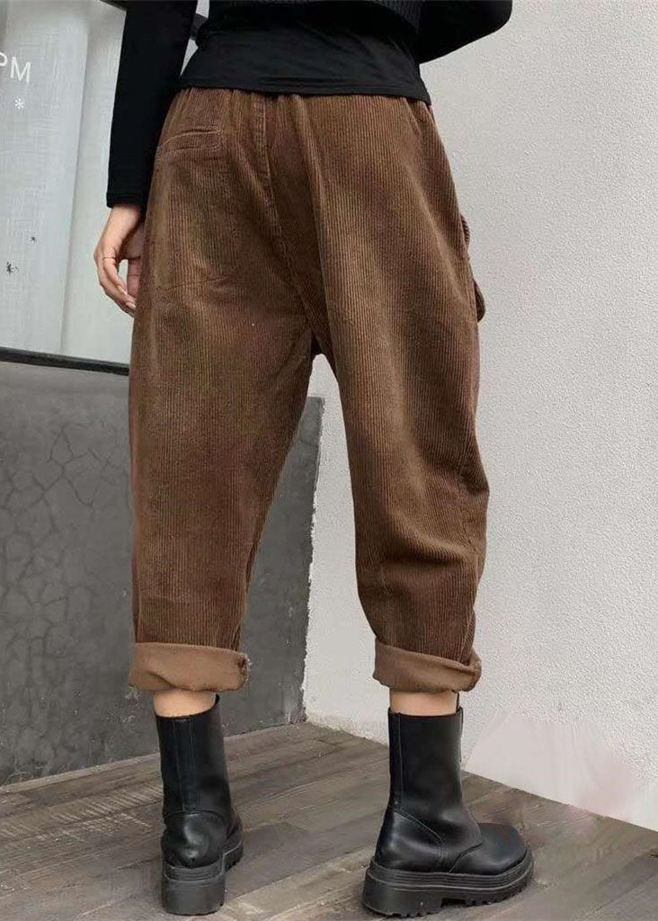 Black Cinched Pockets Corduroy Pants Winter