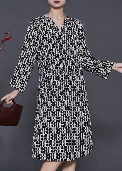 Black Cinched Print Silk Mid Dress Summer