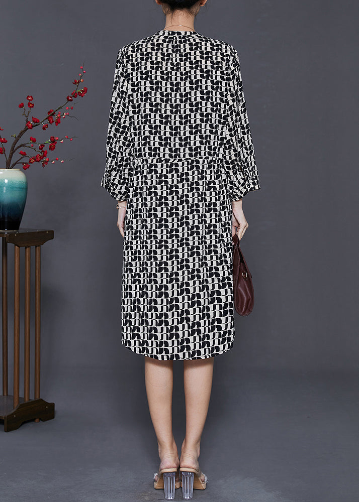 Black Cinched Print Silk Mid Dress Summer