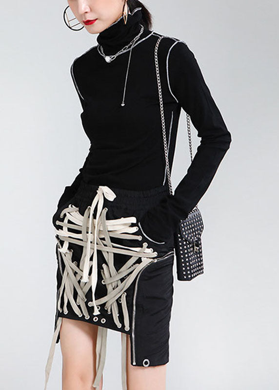 Black Elastic Waist Drawstring Pockets Asymmetrical Design Fall Skirts