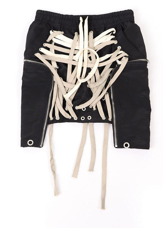 Black Elastic Waist Drawstring Pockets Asymmetrical Design Fall Skirts