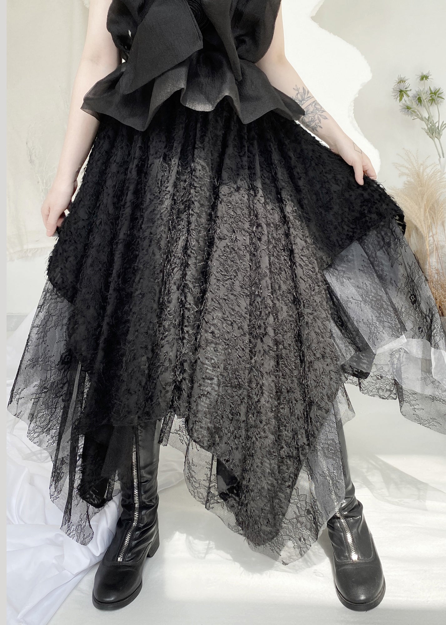 Black Elastic Waist Lace Patchwork Tulle Maxi Skirt Fall
