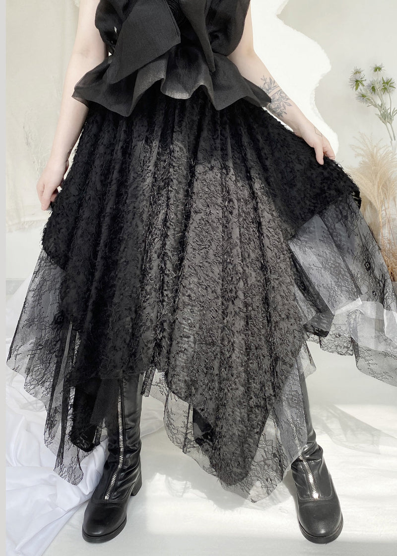 Black Elastic Waist Lace Patchwork Tulle Maxi Skirt Fall