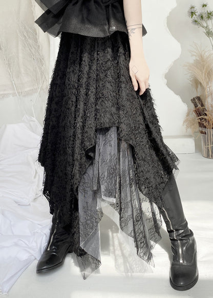 Black Elastic Waist Lace Patchwork Tulle Maxi Skirt Fall