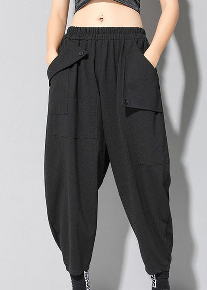 Black Elastic Waist Pockets Fall Harem Pants