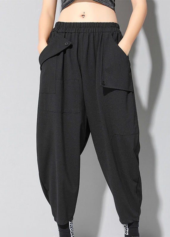 Black Elastic Waist Pockets Fall Harem Pants