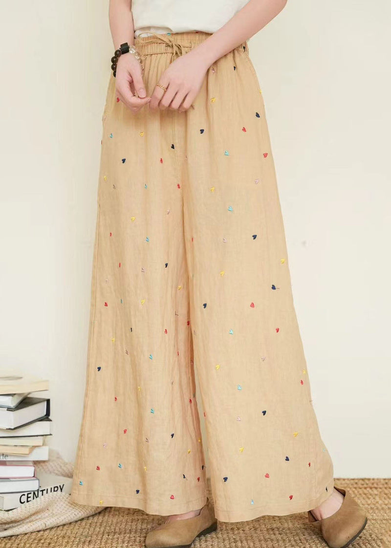 Black Embroidered Linen Wide Leg Pants Summer