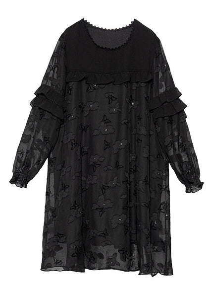 Black Embroideried Patchwork Ruffles Chiffon Maxi Dresses Spring