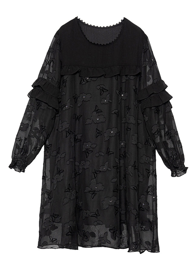 Black Embroideried Patchwork Ruffles Chiffon Maxi Dresses Spring
