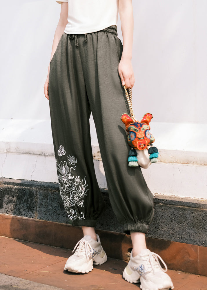 Black Embroideried Pockets Tie Waist Crop Pants Fall