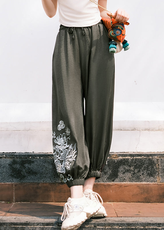 Black Embroideried Pockets Tie Waist Crop Pants Fall