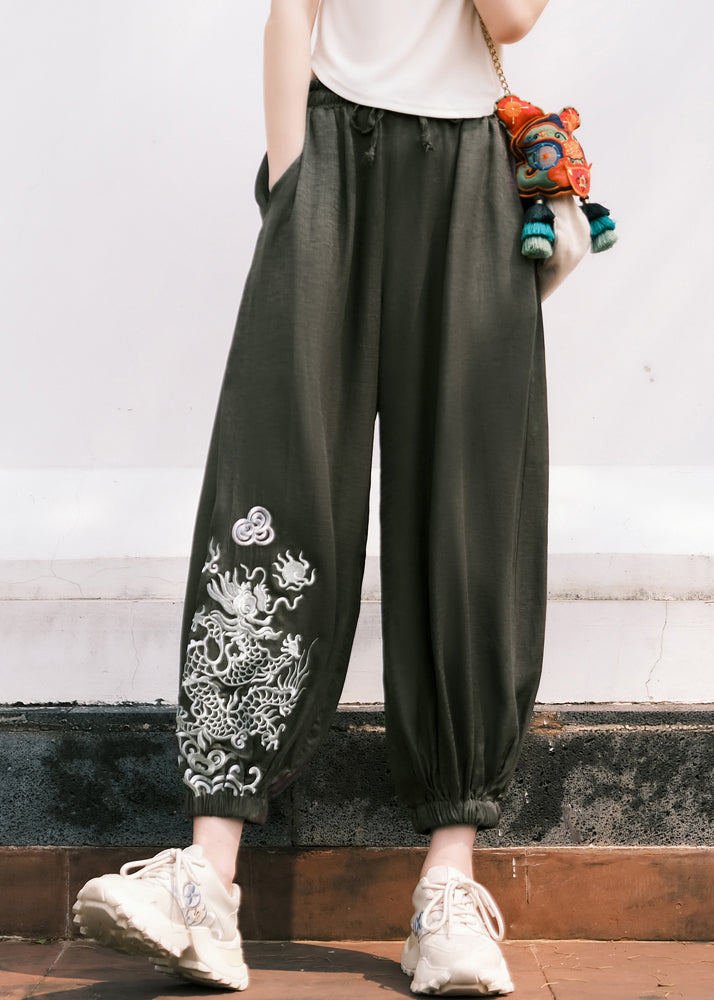 Black Embroideried Pockets Tie Waist Crop Pants Fall