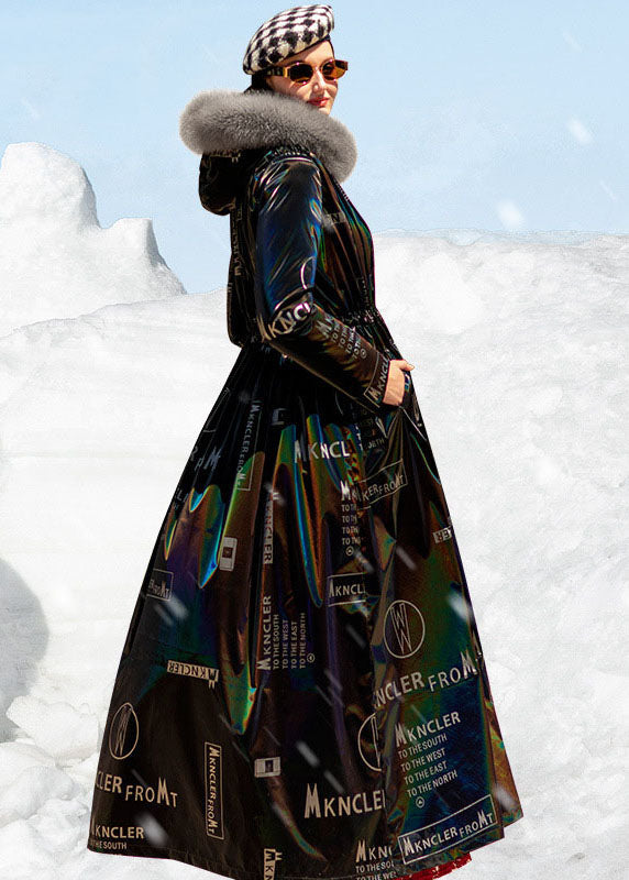 Black Fox Collar Drawstring Letter Print Duck Down Puffers Jackets Winter