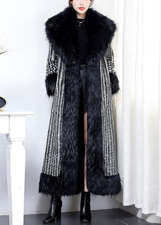 Black Fur Collar Patchwork Warm Faux Leather and Fur Trench Winter