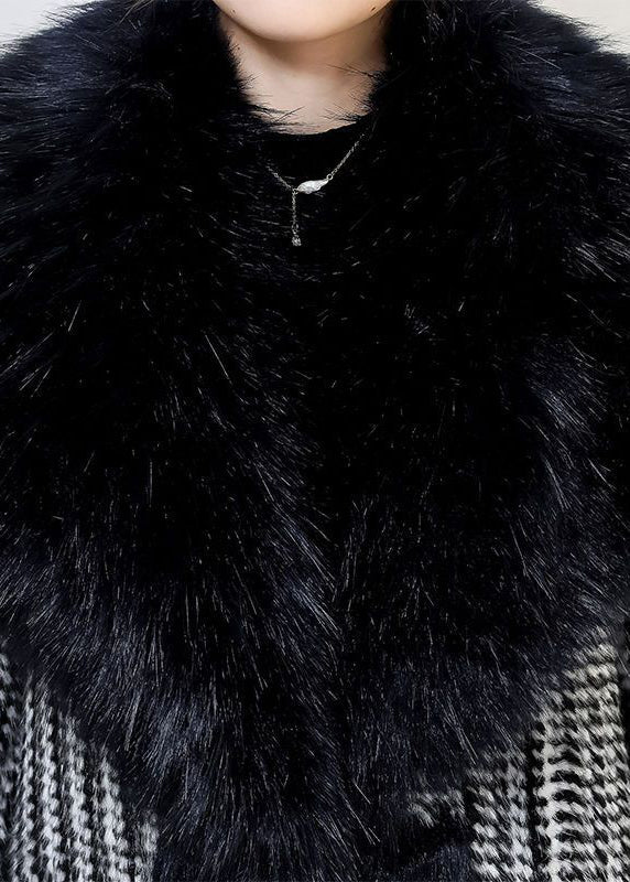 Black Fur Collar Patchwork Warm Faux Leather and Fur Trench Winter