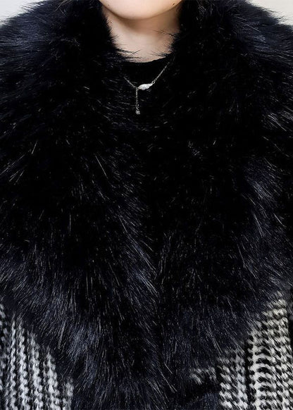 Black Fur Collar Patchwork Warm Faux Leather and Fur Trench Winter