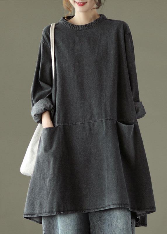 Black Grey-yellow Flower O-neck Pockets Denim Long Dresses Long Sleeve
