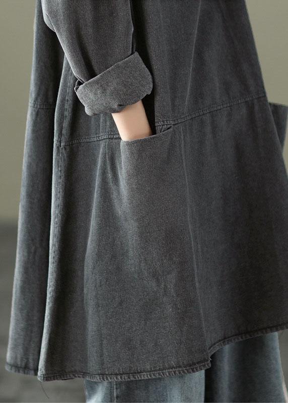 Black Grey O-neck Pockets Denim Long Dresses Long Sleeve