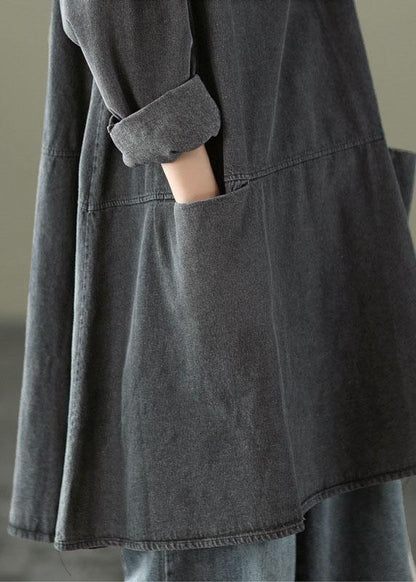 Black Grey-yellow Flower O-neck Pockets Denim Long Dresses Long Sleeve