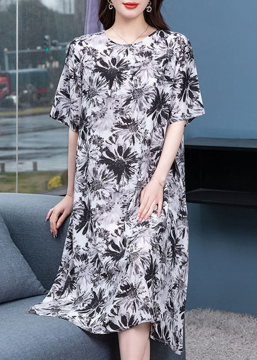 Black Grey O Neck Print Patchwork Chiffon Dresses Half Sleeve
