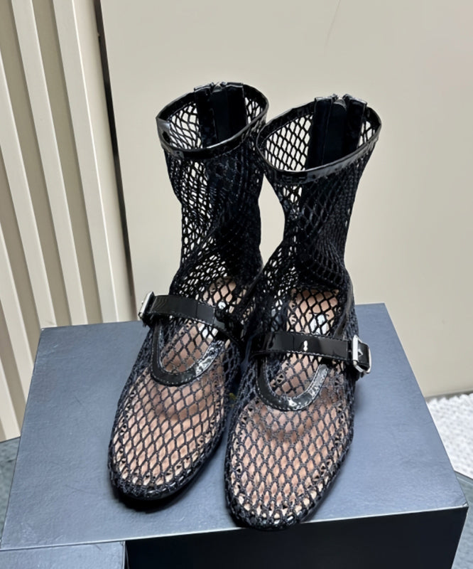 Black Hollow Out Breathable Mesh Splicing Buckle Strap Flat Boots