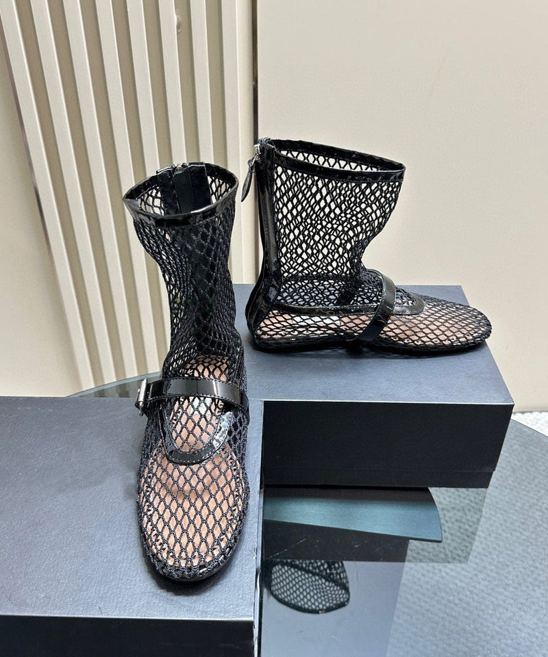 Black Hollow Out Breathable Mesh Splicing Buckle Strap Flat Boots