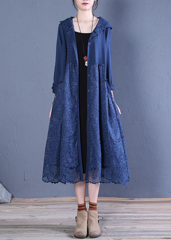 Black Hooded Lace Patchwork Cardigans Spring