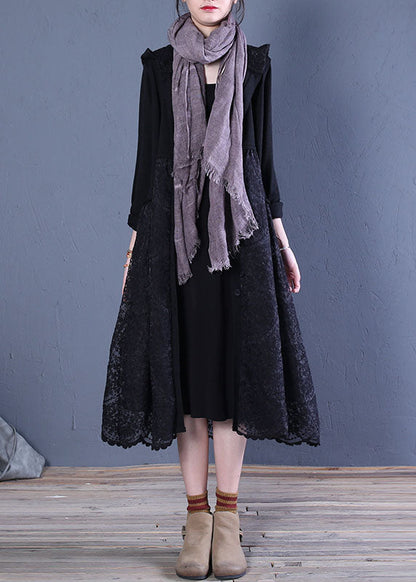 Black Hooded Lace Patchwork Cardigans Spring