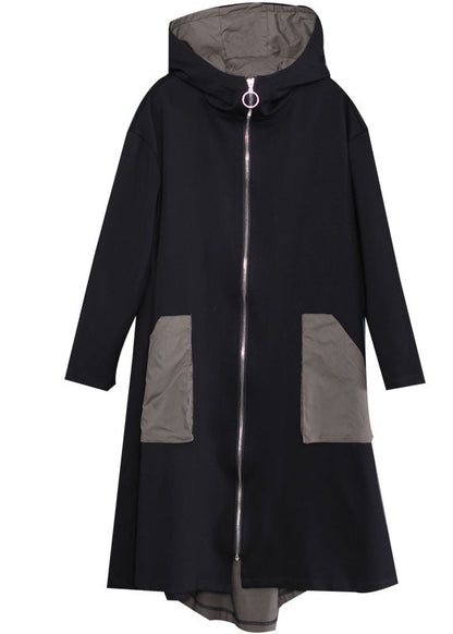 Black Hooded Patchwork Cotton Coat Spring