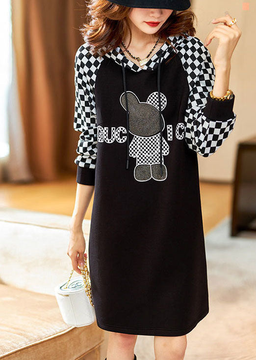 Black Hooded Plaid Sweatshirt Dress Winter