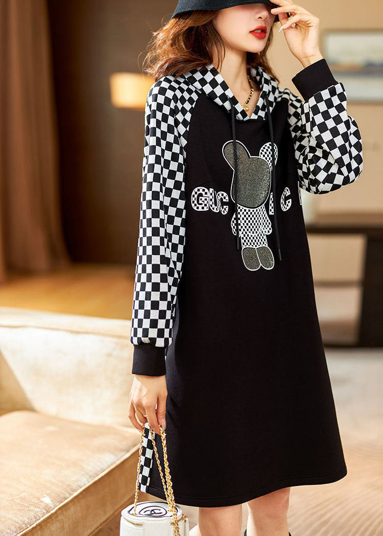 Black Hooded Plaid Sweatshirt Dress Winter