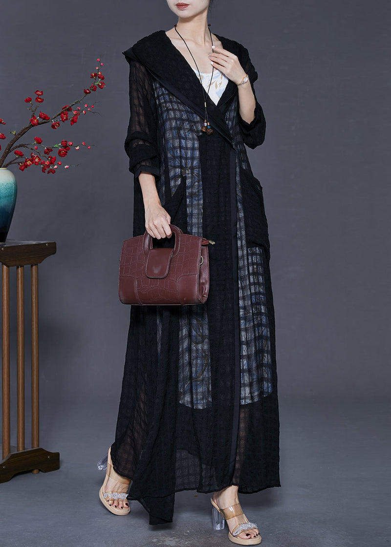 Black Hooded Plaid Tulle Cardigans Spring
