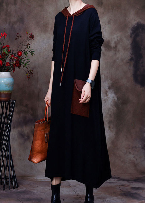 Black Hooded Woolen Sweatshirt Dress Winter